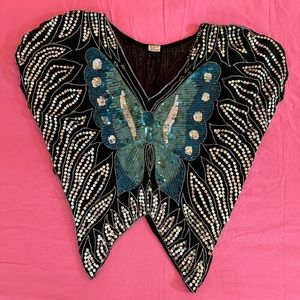 Sequin glitter butterfly party top vintage blue silver black 70s made in India